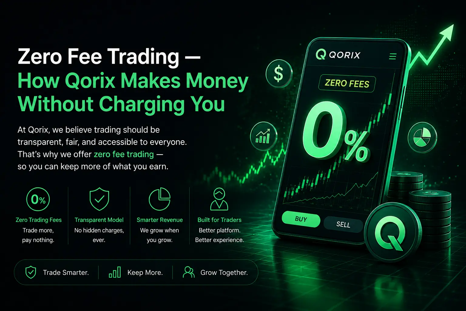 Zero percent fee badge over a trading interface